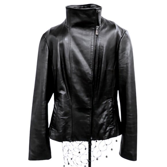 JONES NEW YORK Ladies Black Leather Biker Jacket Size M